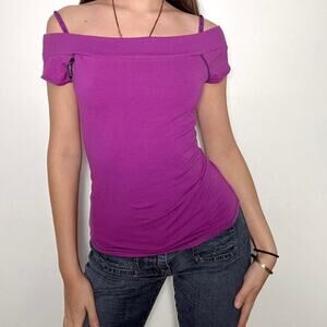 Y2k purple off the shoulder top with black contrast stitching.